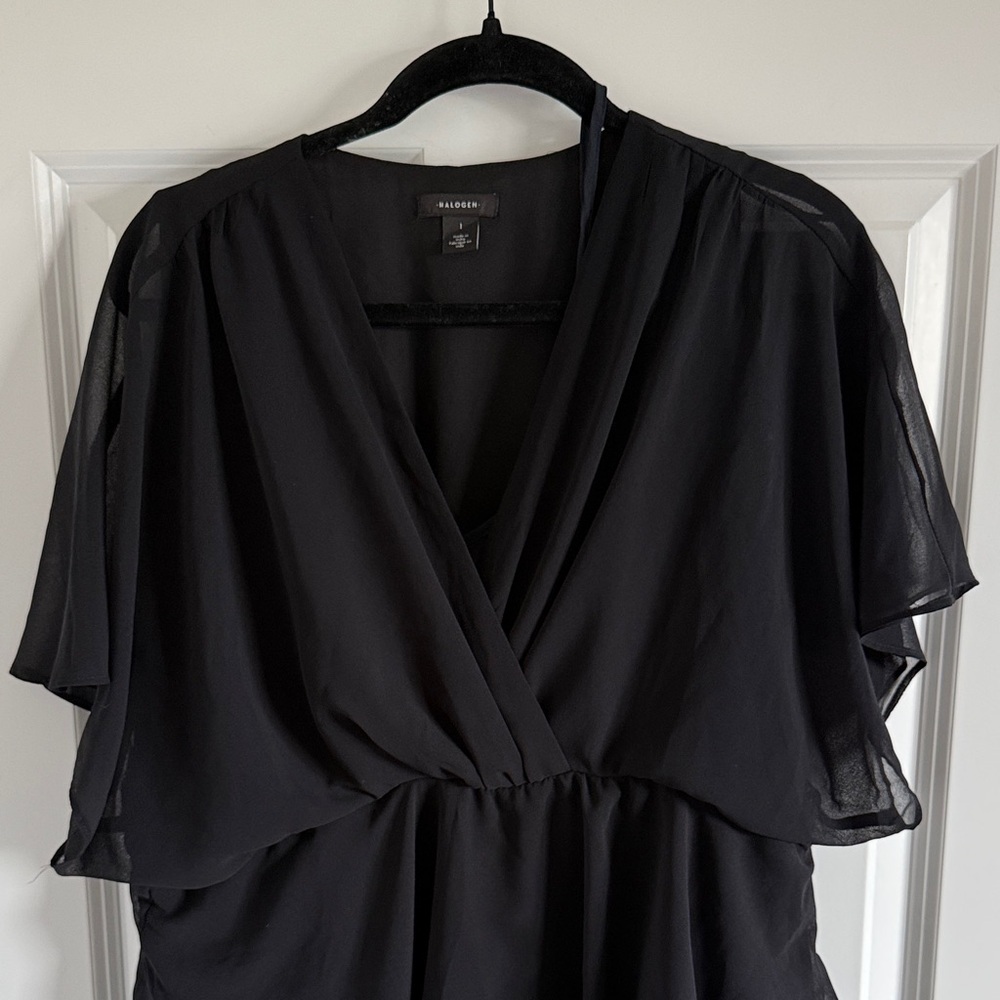 NWOT Halogen Flutter Sleeve Tiered Ruffle Chiffon Black Dress Size Large - Picture 4 of 7